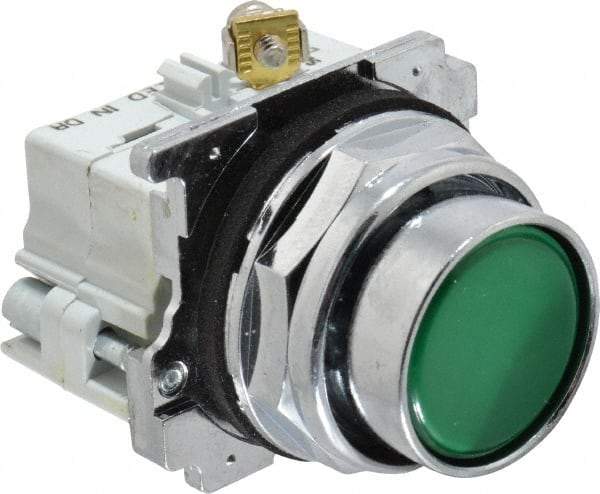 Eaton Cutler-Hammer - 30-1/2mm Mount Hole, Flush, Pushbutton Switch with Contact Block - Round, Green Pushbutton, Nonilluminated, Momentary (MO), Corrosion Resistant, Oiltight and Watertight - Caliber Tooling