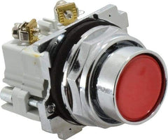 Eaton Cutler-Hammer - 30-1/2mm Mount Hole, Flush, Pushbutton Switch with Contact Block - Round, Red Pushbutton, Nonilluminated, Momentary (MO), Corrosion Resistant, Oiltight and Watertight - Caliber Tooling