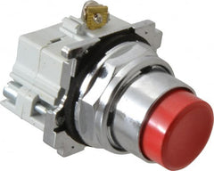 Eaton Cutler-Hammer - 30-1/2mm Mount Hole, Extended Straight, Pushbutton Switch with Contact Block - Round, Red Pushbutton, Nonilluminated, Momentary (MO), Corrosion Resistant, Oiltight and Watertight - Caliber Tooling