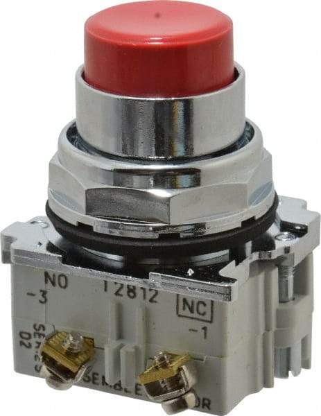 Eaton Cutler-Hammer - 30-1/2mm Mount Hole, Extended Straight, Pushbutton Switch with Contact Block - Round, Red Pushbutton, Nonilluminated, Momentary (MO), Corrosion Resistant, Oiltight and Watertight - Caliber Tooling