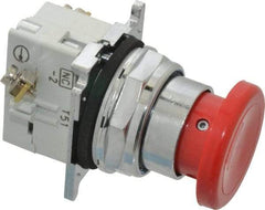 Eaton Cutler-Hammer - 30-1/2mm Mount Hole, Extended Mushroom Head, Pushbutton Switch with Contact Block - Round, Red Pushbutton, Nonilluminated, Momentary (MO), Corrosion Resistant, Oiltight and Watertight - Caliber Tooling