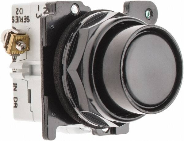 Eaton Cutler-Hammer - 30-1/2mm Mount Hole, Flush, Pushbutton Switch with Contact Block - Round, Black Pushbutton, Nonilluminated, Momentary (MO), Corrosion Resistant, Oiltight and Watertight - Caliber Tooling