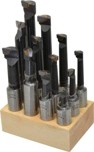 Interstate - 7/16 to 13/16" Min Diam, 1-1/8 to 4-1/2" Max Depth, 3/4" Shank Diam, 3-1/8 to 6-1/2" OAL Boring Bar Set - C2 Carbide Tipped, Bright Finish, Right Hand Cut, 12 Piece Set - Exact Industrial Supply