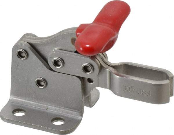 De-Sta-Co - 350 Lb Holding Capacity, Horizontal Handle, Manual Hold Down Toggle Clamp - 173° Handle Movement, 92° Bar Opening, U-Bar, Flanged Base, Electro-Plated Zinc, Stainless Steel - Caliber Tooling