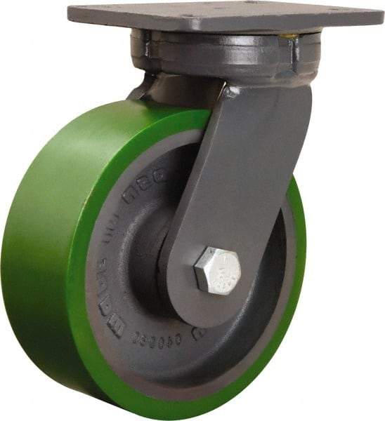 Hamilton - 8" Diam x 3" Wide x 10-1/2" OAH Top Plate Mount Swivel Caster - Polyurethane Mold onto Cast Iron Center, 2,500 Lb Capacity, Sealed Precision Ball Bearing, 5-1/4 x 7-1/4" Plate - Caliber Tooling