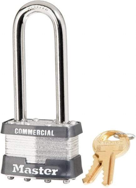 Master Lock - 2-1/2" Shackle Clearance, Keyed Alike Laminated Steel Padlock - 5/16" Shackle Diam, Steel - Caliber Tooling