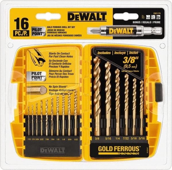 DeWALT - 1/16 to 3/8", 135° Point, Gold Ferrous Oxide Finish, High Speed Steel Maintenance Length Drill Bit Set - Caliber Tooling