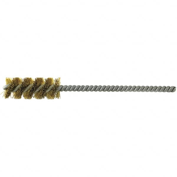 Brush Research Mfg. - 3/4" Diam Helical Brass Tube Brush - Single Spiral, 0.008" Filament Diam, 1-1/2" Brush Length, 5" OAL, 0.22" Diam Galvanized Steel Shank - Caliber Tooling