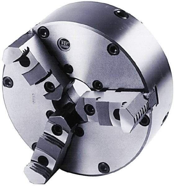 BTC - 3 Jaws, 8" Diam, Self Centering Manual Lathe Chuck - Plain Back Mount Spindle, Adjustable, Reversible, 3,100 Max RPM, 2.264" Through Hole Diam, Cast Iron - Caliber Tooling