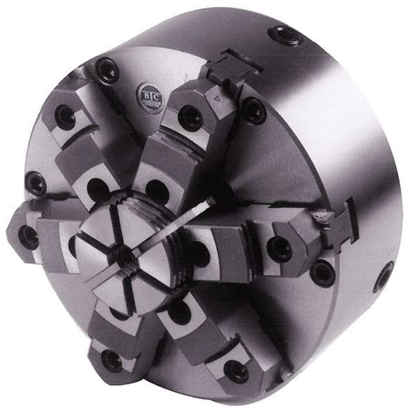 BTC - 6 Jaws, 10" Diam, Self Centering Manual Lathe Chuck - Plain Back Mount Spindle, Adjustable, Reversible, 1,900 Max RPM, 2.835" Through Hole Diam, Cast Iron - Caliber Tooling