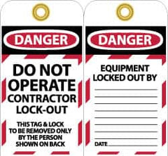 NMC - 3" High x 6" Long, DO NOT OPERATE CONTRATOR LOCK OUT, English Safety & Facility Lockout Tag - Tag Header: Danger, 2 Sides, Black, Red & White Unrippable Vinyl - Caliber Tooling