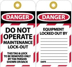 NMC - 3" High x 6" Long, DO NOT OPERATE MAINTENANCE LOCKOUT, English Safety & Facility Lockout Tag - Tag Header: Danger, 2 Sides, Black, Red & White Unrippable Vinyl - Caliber Tooling