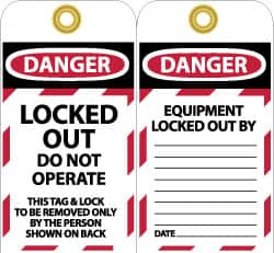 NMC - 3" High x 6" Long, LOCKED OUT - DO NOT OPERATE, English Safety & Facility Lockout Tag - Tag Header: Danger, 2 Sides, Black, Red & White Unrippable Vinyl - Caliber Tooling