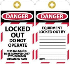 NMC - 3" High x 6" Long, LOCKED OUT - DO NOT OPERATE, English Safety & Facility Lockout Tag - Tag Header: Danger, 2 Sides, Black, Red & White Unrippable Vinyl - Caliber Tooling