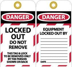 NMC - 3" High x 6" Long, LOCKED OUT - DO NOT REMOVE, English Safety & Facility Lockout Tag - Tag Header: Danger, 2 Sides, Black, Red & White Unrippable Vinyl - Caliber Tooling