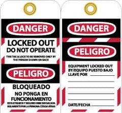 NMC - 3" High x 6" Long, DANGER - LOCKED OUT - DO NOT OPERATE - THIS TAG & LOCK TO BE REMOVED ONLY BY THE PERSON SHOWN ON BACK, English & Spanish Safety & Facility Lockout Tag - Tag Header: Danger, 2 Sides, Black, Red & White Vinyl - Caliber Tooling