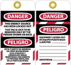 NMC - 3" High x 6" Long, DANGER - THIS ENERGY SOURCE HAS BEEN LOCKED OUT - THIS TAB & LOCK TO BE REMOVED ONLY BY THE PERSON SHOWN ON BACK, English & Spanish Safety & Facility Lockout Tag - Tag Header: Danger, 2 Sides, Black, Red & White Vinyl - Caliber Tooling