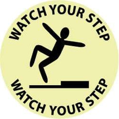 NMC - Watch Your Step - Watch Your Step, Anti-Skid Polyester Floor Sign - Round, Black on Yellow (Glow), Adhesive Backed, For Accident Prevention - Caliber Tooling