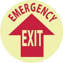 NMC - Emergency Exit, Anti-Skid Polyester Floor Sign - Round, Red on Glow (Yellow), Adhesive Backed, For Exit, Entrance & Directional - Caliber Tooling