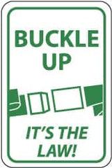 NMC - "Buckle Up - It's the Law", "Seatbelt Buckle", 12" Wide x 18" High, Aluminum Warning & Safety Reminder Signs - 0.08" Thick, Green on White, High Intensity Reflectivity, Rectangle, Post Mount - Caliber Tooling