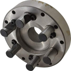 Buck Chuck Company - Adapter Back Plate for 6" Diam Self Centering Lathe Chucks - D1-5 Mount, 1-1/2" Through Hole Diam, 3.109mm ID, 5.88" OD, 1.26" Flange Height, Steel - Caliber Tooling