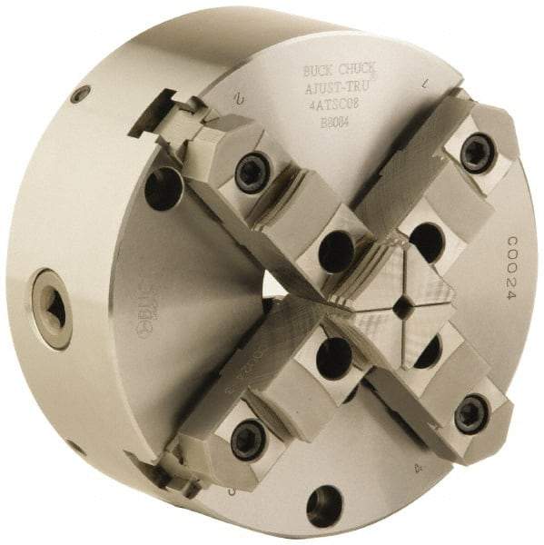 Buck Chuck Company - 4 Jaws, 6" Diam, Self Centering Manual Lathe Chuck - Front Mount, Adjustable, Reversible, 4,600 Max RPM, 1.78" Through Hole Diam, Forged Steel - Caliber Tooling