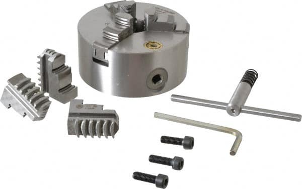 Bison - 3 Jaws, 5" Diam, Self Centering Manual Lathe Chuck - Plain Back Mount Spindle, 3,200 Max RPM, 1.2598" Through Hole Diam, 0.0008" Axial Runout, 0.0012" Radial Runout, Cast Iron - Caliber Tooling