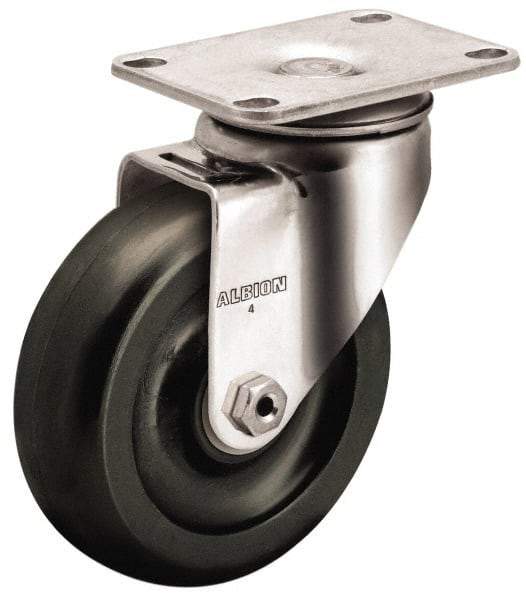 Albion - 4" Diam x 1-1/4" Wide x 5-1/8" OAH Top Plate Mount Swivel Caster - Polypropylene, 300 Lb Capacity, Plain Bearing, 2-1/2 x 3-5/8" Plate - Caliber Tooling