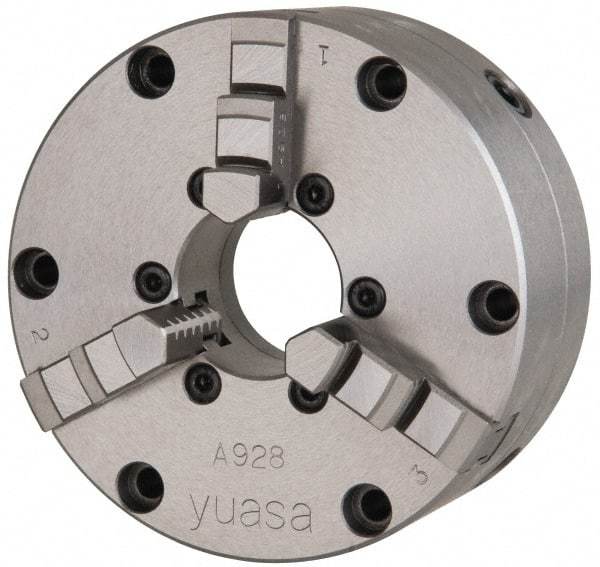 Yuasa - 3 Jaws, 4" Diam, Self Centering Manual Lathe Chuck - Plain Back Mount Spindle, Adjustable, 1.2598" Through Hole Diam, 0.0005" Axial Runout, Cast Iron - Caliber Tooling