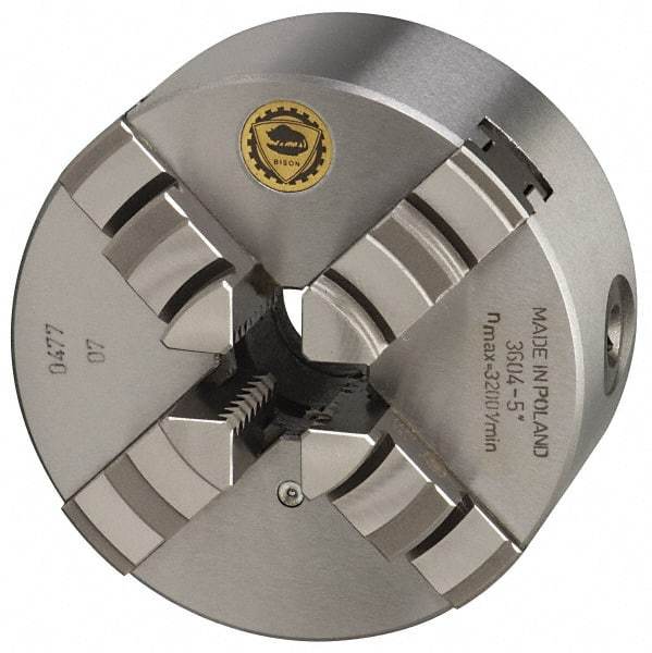 Bison - 4 Jaws, 6" Diam, Self Centering Manual Lathe Chuck - Plain Back Mount Spindle, 3,000 Max RPM, 1.6535" Through Hole Diam, 0.0008" Axial Runout, 0.0012" Radial Runout, Cast Iron - Caliber Tooling