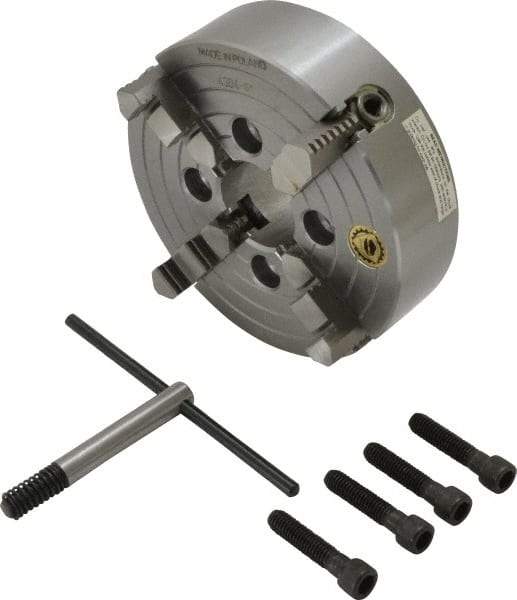 Bison - 4 Jaws, 6" Diam, Independent Manual Lathe Chuck - Plain Back Mount Spindle, Reversible, 3,200 Max RPM, 1.6535" Through Hole Diam, Cast Iron - Caliber Tooling