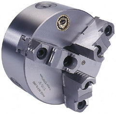 Bison - 3 Jaws, 8" Diam, Self Centering Manual Lathe Chuck - Plain Back Mount Spindle, Reversible, 4,000 Max RPM, 2.1654" Through Hole Diam, 0.0018" Axial Runout, 0.0016" Radial Runout, Forged Steel - Caliber Tooling