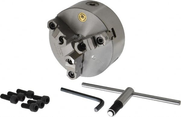 Bison - 3 Jaws, 6" Diam, Self Centering Manual Lathe Chuck - Plain Back Mount Spindle, Reversible, 3,000 Max RPM, 1.6535" Through Hole Diam, 0.0008" Axial Runout, 0.0012" Radial Runout, Cast Iron - Caliber Tooling