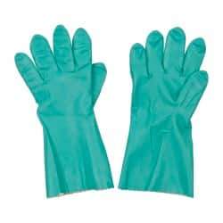 MAPA Professional - Size 2XL (11), 14" Long, 11 mil Thick, Supported, Nitrile Chemical Resistant Gloves - Textured Finish, Knit Lined, Gauntlet Pinked Cuff, Green, FDA Approved - Caliber Tooling