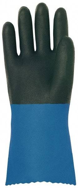 MAPA Professional - Size S (6), 12" Long, Supported, Neoprene Chemical Resistant Gloves - Textured Finish, Cotton Interlock Knit Lined, Gauntlet Pinked Cuff, Black/Blue - Caliber Tooling