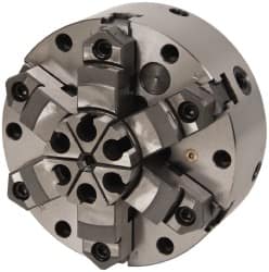 Interstate - 6 Jaws, 8" Diam, Self Centering Manual Lathe Chuck - Adjustable, Reversible, 2.264" Through Hole Diam, Cast Iron - Caliber Tooling