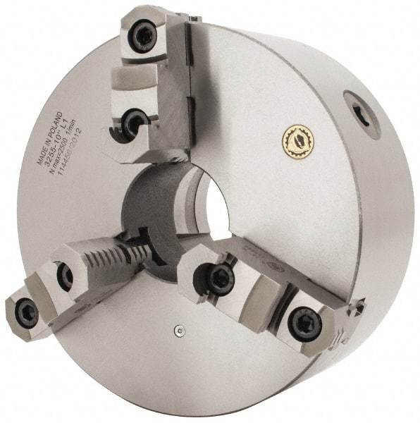 Bison - 3 Jaws, 10" Diam, Self Centering Manual Lathe Chuck - L-1 Mount Spindle, Reversible, 2,000 Max RPM, 2.9921" Through Hole Diam, 0.001" Axial Runout, 0.0016" Radial Runout, Cast Iron - Caliber Tooling