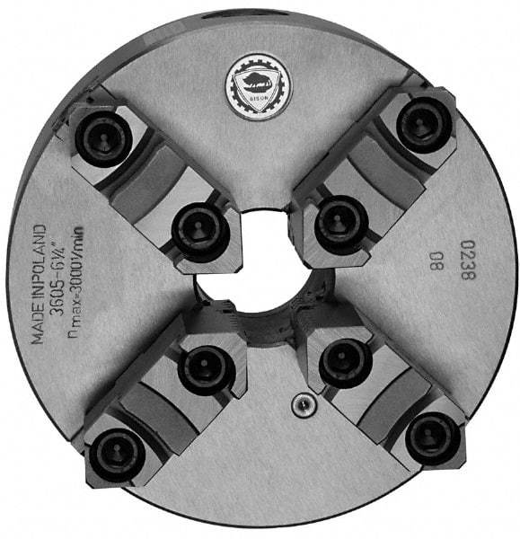 Bison - 4 Jaws, 10" Diam, Self Centering Manual Lathe Chuck - Plain Back Mount Spindle, Reversible, 2,000 Max RPM, 2.9921" Through Hole Diam, 0.0012" Axial Runout, 0.0016" Radial Runout, Cast Iron - Caliber Tooling