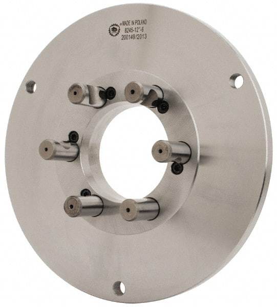 Bison - Adapter Back Plate for 12-1/2" Diam Self Centering Lathe Chucks - D1-6 Mount, 4.055" Through Hole Diam, 7.086mm ID, 12.4" OD, 3/4" Flange Height, Steel - Caliber Tooling