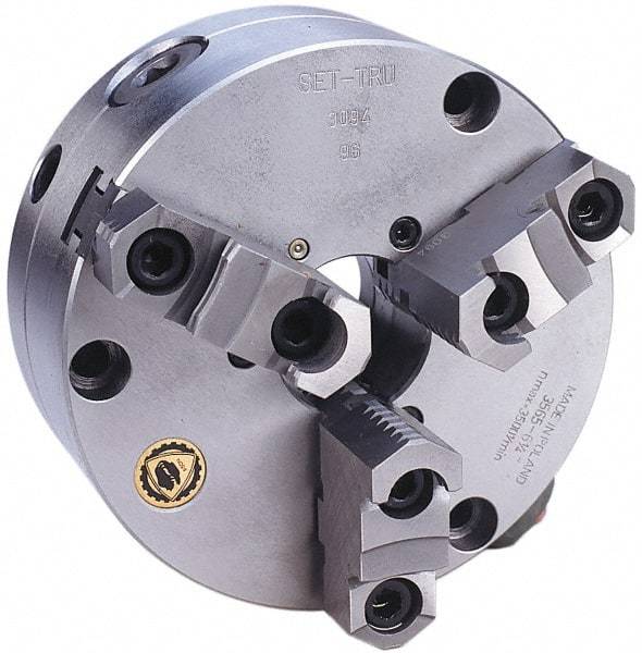 Bison - 3 Jaws, 10" Diam, Self Centering Manual Lathe Chuck - Front Mount, Adjustable, Reversible, 2,700 Max RPM, 2.992" Through Hole Diam, Forged Steel - Caliber Tooling