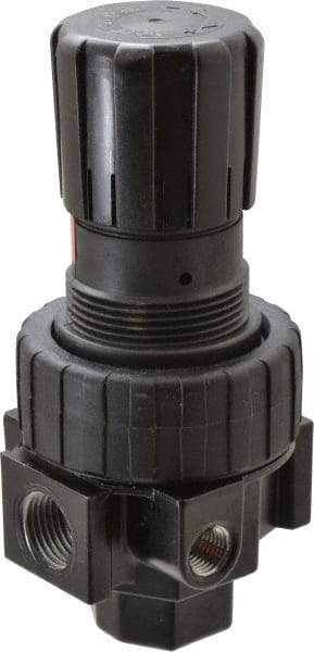 Parker - 1/2 NPT Port, 75 CFM, Zinc Compact Regulator - 2 to 125 psi Range, 250 Max psi Supply Pressure, 1/4" Gauge Port Thread, 2.81" Wide x 6.08" High - Caliber Tooling