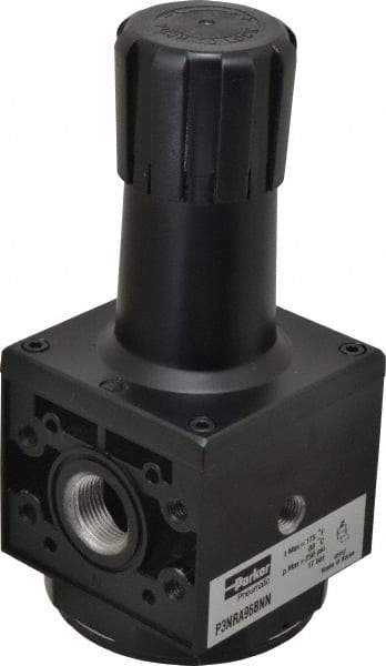 Parker - 3/4 NPT Port, 200 CFM, Aluminum Heavy-Duty Regulator - 2 to 125 psi Range, 250 Max psi Supply Pressure, 1/4" Gauge Port Thread, 3.62" Wide x 8.46" High - Caliber Tooling