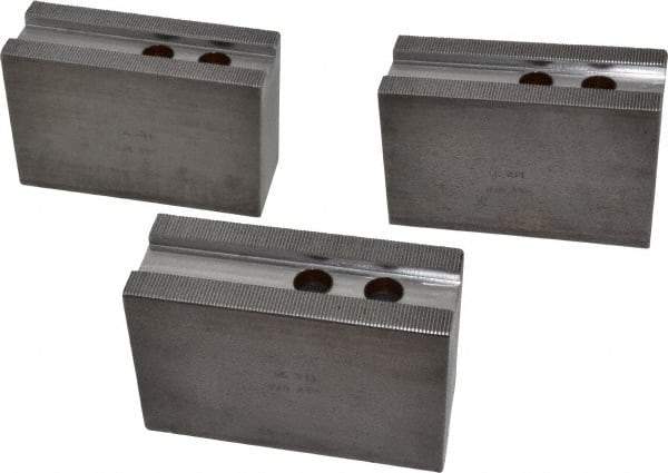 H & R Manufacturing - 12" Chuck Capacity, 1.5mm x 60° Serrated Attachment, Square Soft Lathe Chuck Jaw - 3 Jaws, Steel, 1.181" Btw Mount Hole Ctrs, 5-1/4" Long x 2" Wide x 3-1/2" High, 0.827" Groove, 5/8" & 16mm Fastener - Caliber Tooling