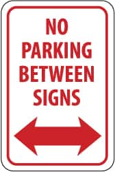 NMC - "No Parking Between Signs", "Double Arrow", 12" Wide x 18" High, Aluminum No Parking & Tow Away Signs - 0.063" Thick, Red on White, Rectangle, Post Mount - Caliber Tooling