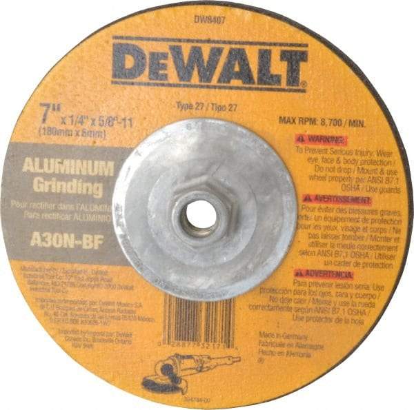 DeWALT - 30 Grit, 7" Wheel Diam, 1/4" Wheel Thickness, Type 27 Depressed Center Wheel - Aluminum Oxide, N Hardness, 8,700 Max RPM, Compatible with Angle Grinder - Caliber Tooling