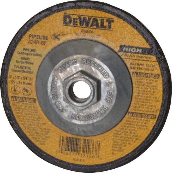 DeWALT - 24 Grit, 5" Wheel Diam, 1/8" Wheel Thickness, Type 27 Depressed Center Wheel - Aluminum Oxide, R Hardness, 12,200 Max RPM, Compatible with Angle Grinder - Caliber Tooling