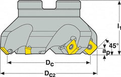 Seco - 1.57" Cut Diam, 3/4" Arbor Hole, 0.18" Max Depth of Cut, 45° Indexable Chamfer & Angle Face Mill - 4 Inserts, SE.. 09T3 Insert, Right Hand Cut, 4 Flutes, Through Coolant, Series R220.53 - Caliber Tooling