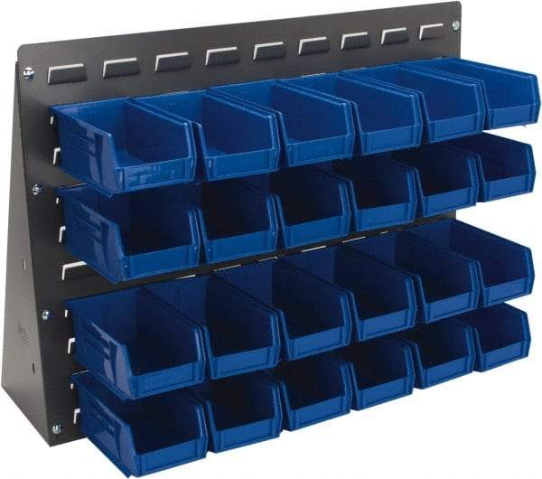 Quantum Storage - 24 Bin Bench Rack Unit with Bins - 27 Inch Overall Width x 8 Inch Overall Depth x 21 Inch Overall Height, Blue Polypropylene / Polyethylene Bins - Caliber Tooling