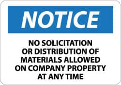 NMC - "Notice - No Solicitation or Distribution of Materials Allowed on Company Property at Any Time", 10" Long x 14" Wide, Aluminum Safety Sign - Rectangle, 0.04" Thick, Use for Security & Admittance - Caliber Tooling