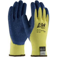 ‎09-K1310/S Gloves w/Kevlar Brand - G-Tek KEV - 100% Kevlar 10G Yellow Shell - Blue Latex Crinkle Grip - A3 - Exact Industrial Supply